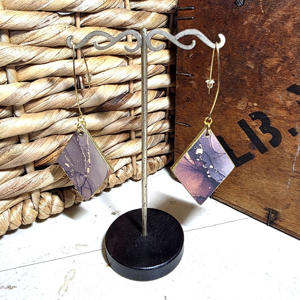 Handmade Abstract Wood Statement Earrings OOAK Taupe Brown Gold Metallic Dangles - Picture 1 of 7
